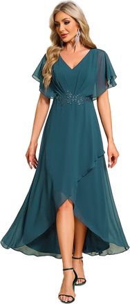 Ever-pretty Womens A Line V Neck Applique Tea Length Wedding Guest Dress Teal 12