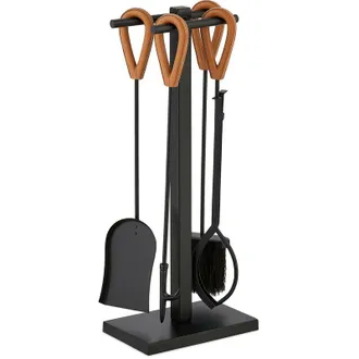 Elle Juego De Chimenea, 5 Piezas, Atizador, Pala, Cepillo Para Cenizas, Pinzas, Soporte, Cuero, Negro - Marr&oacute;n