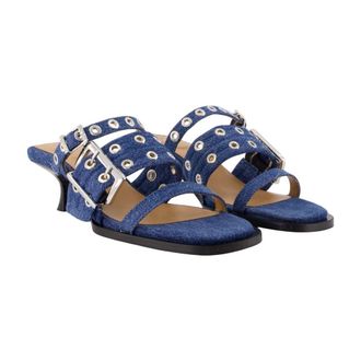 Ganni Womens Buckle-Strap Cotton Heel Mule Blue