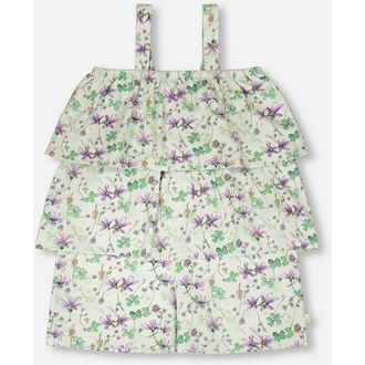 Deux par Deux Jersey Printed Flowers Romper with Tiers in Green Floral Print at Nordstrom, Size 18M