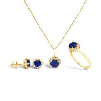 House of Brilliance 10K Gold Gemstone and 3/8 Cttw Diamond Halo Jewelry Set in Yellow | Blue Sapphire at Nordstrom