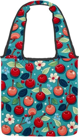 Generic Cute Little Red Cherry Reversible Canvas Shoulder Tote - Double-Sided Print, 12oz Cotton, 27cm Drop, Fold-Flat Bag for Travel, Shopping, Street Outing
