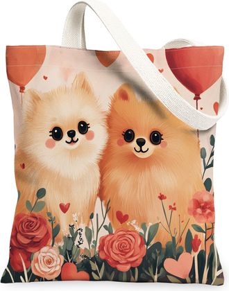Generic Valentines Day Rough Collie Dog Canvas Tote Bag for Shopping 13x15, Fun Couple Puppy Reusable Grocery Print Bag for Women, Lover Beach Aesthetic Paint