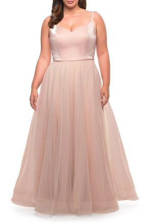 La Femme Long Plus Size Gown with Tulle Skirt and Satin Top in Blush at Nordstrom, Size 18W