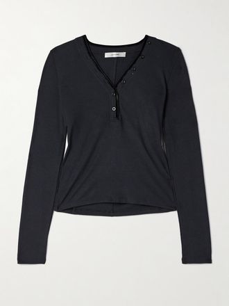 Frame Denim Top In Modal Stretch A Coste Con Finiture In Velluto The Henley - Nero