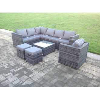 Fimous Rattan Garden Furniture Corner Sofa Set Square Coffee Table Chair Footstools Left Hand Option in Dark Grey