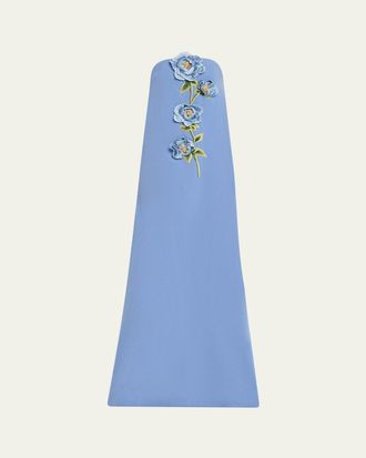 Lela Rose Peony Embroidered Strapless Crepe Gown