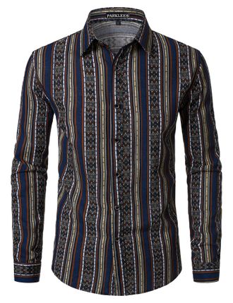 PARKLEES Mens Cotton Linen 70s Disco Retro Traditional Pattern Printed Long Sleeve Button Down Shirt Navy Yellow Stripes Medium