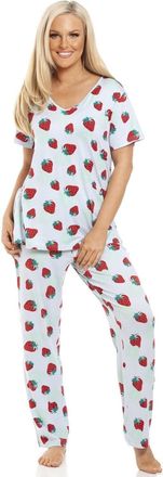 Camille Womens Stunning Floral Print Short Sleeved Pyjama Set - Ladies Lightweight Full Length Pyjama - Comfortable & Breathable Summer Nightwear Blue Strawbe