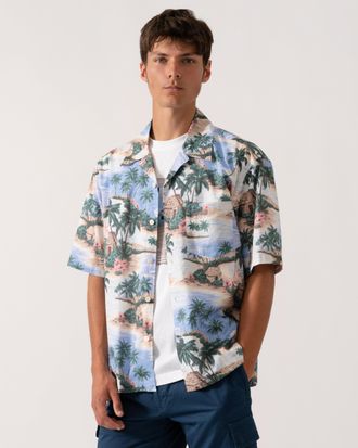 GANT Mens Resort Island Print Short Sleeve Shirt in Light Blue Cotton - Size X-Large