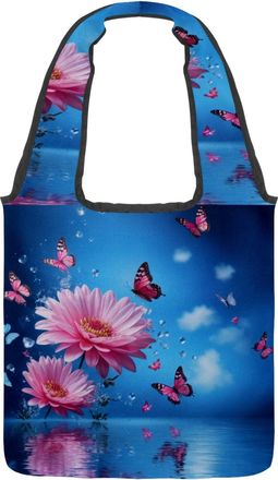Generic Butterflies Pink Florals Reversible Canvas Shoulder Tote - Double-Sided Print, 12oz Cotton, 27cm Drop, Fold-Flat Bag for Travel, Shopping, Street Outi