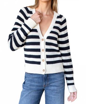 Emerson Fry Low V-Neck Cardigan In Navy Stripe