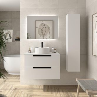 Cygnus Bath Mueble De Ba&ntilde;o Leni 80cm Blanco Mate 2 Cajones Lavabo Sobre Encimera 1 Poza Porcelana