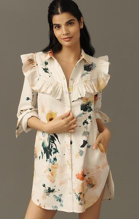 Pilcro Long-Sleeve Ruffled Denim Mini Shirt Dress