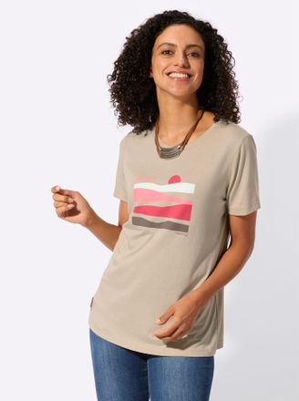 Casual Looks T-Shirt CASUAL LOOKS Kurzarm-Shirt, Damen, Gr. 36, sand, erdbeere, 50% Baumwolle, 50% Modal, bedruckt, gemustert, mehrfarbig, Rundhals, Shirts T-Shirt