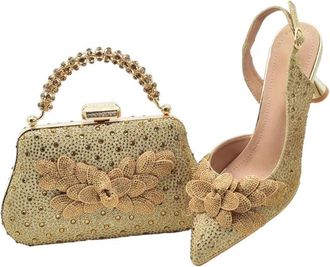 Generic Rhinestoness Heels Handmade Petal Pointed Toe Italian Shoes Bag Set Wedding Evening