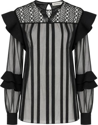Lanvin Black Ruffles Embroidered Guipure Lace Silk Blouse