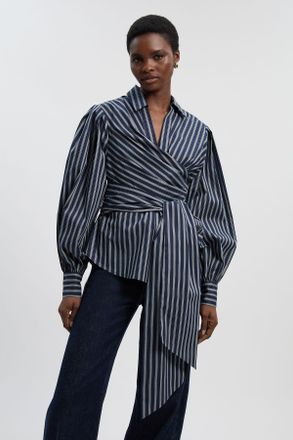 Karen Millen Womens Cotton Poplin Drama Sleeve Woven Wrap Detail Blouse - Navy - Size 12 UK