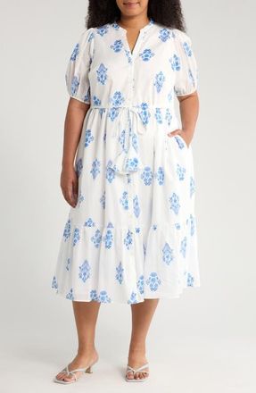 Sugarlips Yila Floral Beth Tiered Cotton Midi Dress in White/blues at Nordstrom, Size 3X