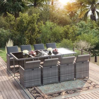 vidaXL Set Comedor Jard&iacute;n 9 Pzas Y Cojines Rat&aacute;n Sint&eacute;tico Gris Vidaxl
