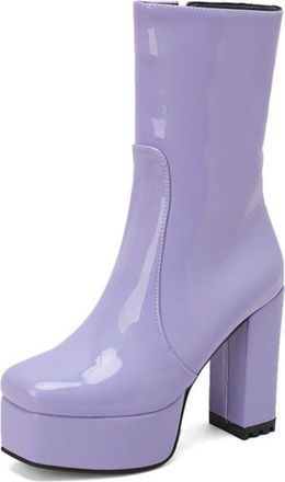 Generic Womens Chunky Heel & Platform Mid-calf Boots with Square Toe Side Zipper for Trendy Casual Wear,Purple,1.5 UK