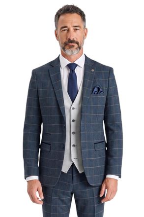 PAUL ANDREW Harris Navy Check Tweed 3 Piece Suit with Silver Waistcoat Heritage Style