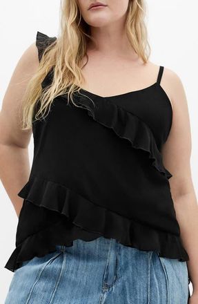 City Chic Waverly Ruffle Asymmetric Tank in Black at Nordstrom, Size Xxxs