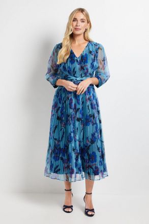 Wallis Womens Petite Mesh Pleated Twist Waist Midi Dress - Blue - Size 14 UK