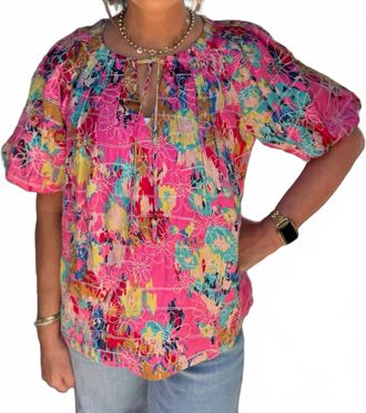 Jade Yoga Floral Breeze Pleated Puff Sleeve Top In Pink