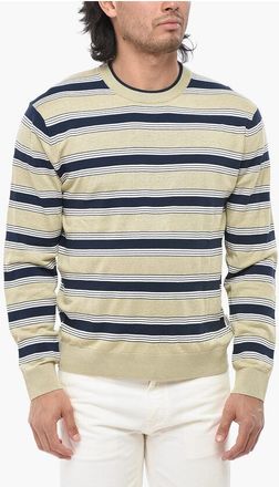 Maison Kitsun&eacute; Linen-Blend Crewneck Sweater with Balanced Stripes size L