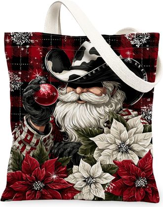 Generic Christmas Floral Canvas Tote Bags, Poinsettia Pattern Reusable Grocery Bags, Vintage Lightweight Washable Canvas for Holiday Travel 13x15 Inch