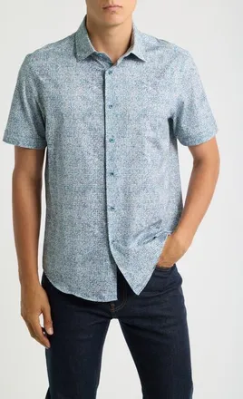 Bugatchi Miles OoohCotton Tech Performance Floral Short Sleeve Shirt in Teal at Nordstrom, Size Xx-Large