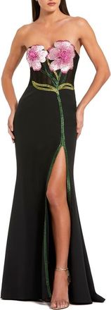 Mac Duggal Strapless Sheer Bustier Crystal Flower Gown in Black at Nordstrom, Size 10