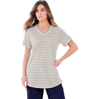 Roaman's Plus Size Slub V-Neck Boyfriend Tunic Top in Beige Glitter Stripe at Nordstrom, Size Medium