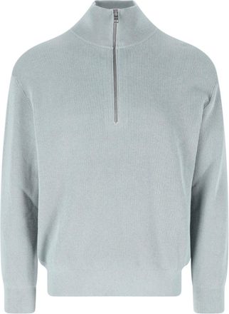 Closed Half-Zip Knit Sweater with High Collar and Ribbed Texture