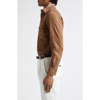 Eleventy Suede Snap-Up Western Shirt in 05 Brown at Nordstrom, Size 56