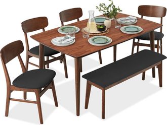 Best Choice Products 6-Piece Mid-Century Modern Upholstered Wooden Dining Set w/ 4 Chairs, Bench
