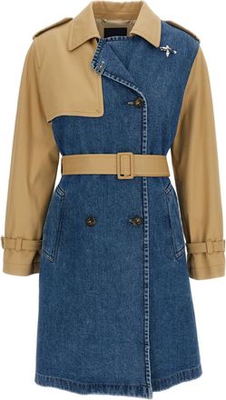 Fay Beige Cotton Drill Trench Coat With Stone-Washed Denim Accents