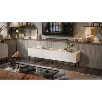 Dmora Mueble De Tv Scopa, Aparador De Sal&oacute;n Con Cuatro Puertas Batientes Y Cuatro Compartimentos Interiores, Elevado Del Suelo, 200x40 H52 Cm, Beige Y Roble