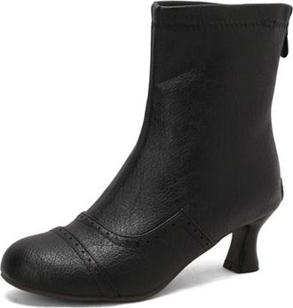 Generic MiaZane Womens Vintage Mid Calf Leather Boots Perforated Detail Wooden Kitten Heel Elegant Dress Party Office Shoes,Black,4.5 UK