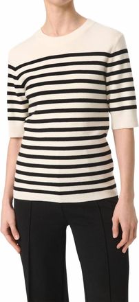 Soaked In Luxury Spina Slim Fit Crew Neck Pullover Sweater In White With Black Stripe