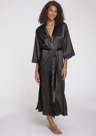 Lascana Kimono LASCANA, Damen, Gr. 34, blau (schwarz), Satin, unifarben, Langform, Hausm&auml;ntel Kimono, Mit spitze besetzte &Auml;rmel