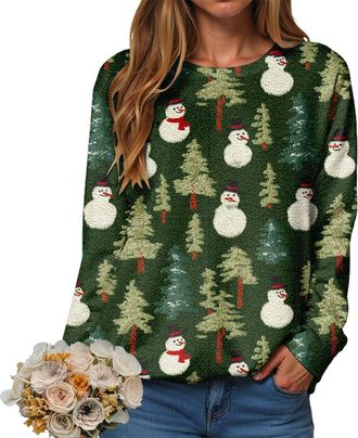 Generic Womens Christmas Sweatshirts Casual Long Sleeve Crewneck Tops Xmas Santa Tree Wine Snowflake Graphic Print Blouse Plus Size Loose Fit Shirts Holiday C