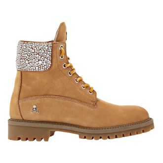 Philipp Plein Schoenen, Dames, Beige, 39 EU, Leer, Nabuk Boots Low Flat Crystal The Hunter