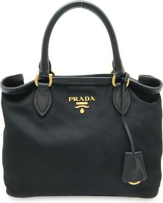 Prada Black Nero Nylon Leather Handbag Tote Bag (Pre-Owned)