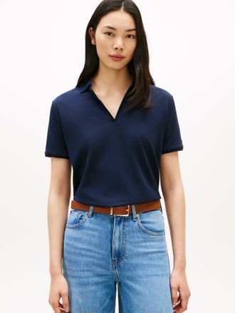 Tommy Hilfiger Poloshirt TOMMY HILFIGER LYOCELL PIQUE OPEN-NK SS POLO, Damen, Gr. L (42/44), schwarz night navy, Single Jersey, Obermaterial: 65% Lyocell, 32% Baumwo