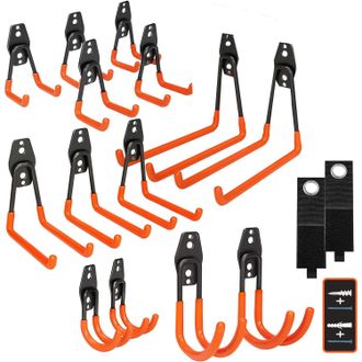 OEM Ganchos De Acero Resistentes Para Garaje (16 Piezas) - Revestimiento Antideslizante Para Herramientas, Escaleras, Bicicletas, Color Naranja
