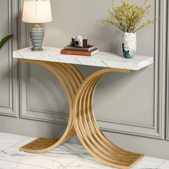Tribesigns Tavolino sottile consolle con struttura in metallo dorato, 100 x 30 x 80 cm, piccolo tavolo da esposizione, divano per piccoli spazi, per ingresso