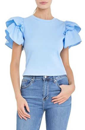 English Factory Mix Media Ruffle Sleeve Cotton Rib Top in Powder Blue at Nordstrom, Size Small