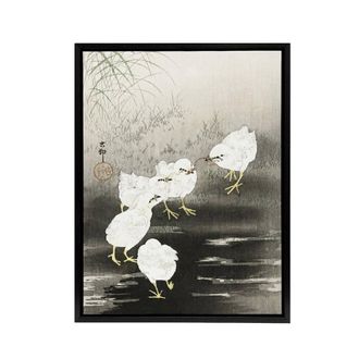 Artery8 Chicks Eating Worms Framed Canvas Wall Art Print Ohara Koson in Grey | Size: W24 x H32